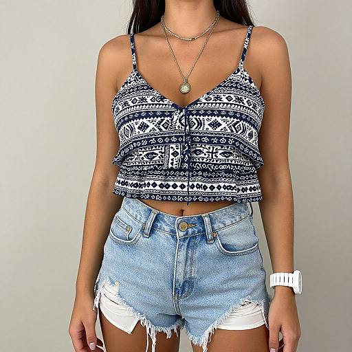 Photograph of a woman with tan skin, long dark hair, wearing a patterned black-and-white crop top, high-waisted frayed denim