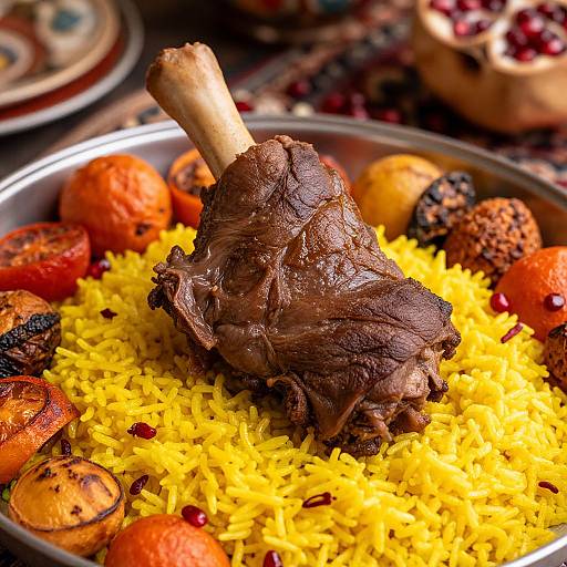 Photograph of a juicy, dark roasted chicken leg with crispy skin, resting on a vibrant yellow rice bed, surrounded by roasted carrots, red pome