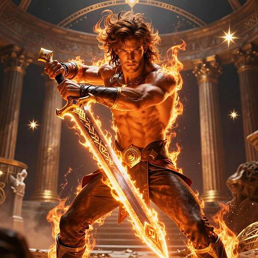 Digital artwork of a muscular, shirtless man with wild hair and flames surrounding his sword, standing in a grand, classical columned arena.