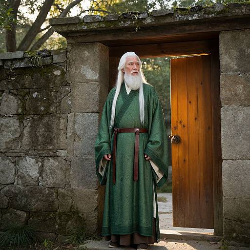 Elderly Man in Green Robe by Stone Wall