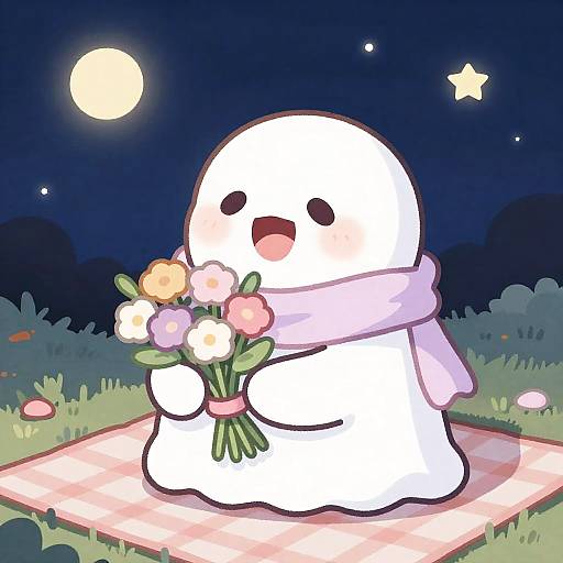Whimsical Ghost Holding Flower Bouquet at Night