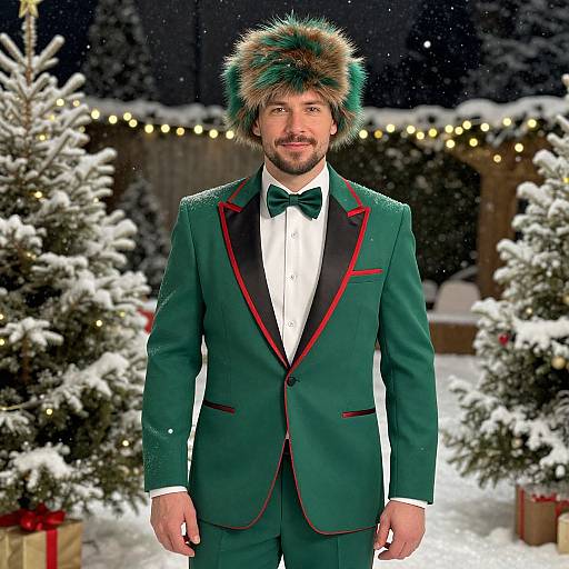 Photograph of a bearded man in a green tuxedo with red trim, black bow tie, and fur hat, standing in a snowy,