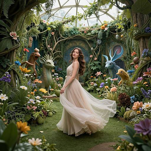 Photograph-style digital artwork: Enchanting garden scene with a smiling woman in a flowing white dress, surrounded by vibrant flowers, fantastical creatures,