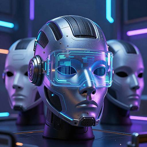Photorealistic CGI of three futuristic metallic heads with glowing blue visors, black earpieces, and neon accents in a dark, tech-themed lab.
