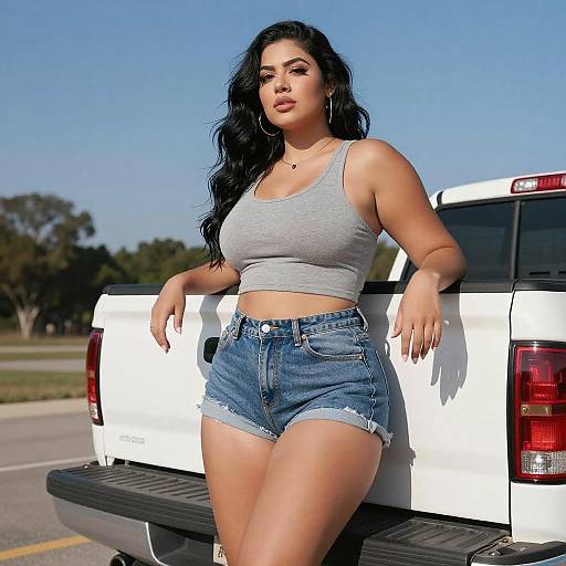 Curvy Woman by Pickup Truck Outdoors