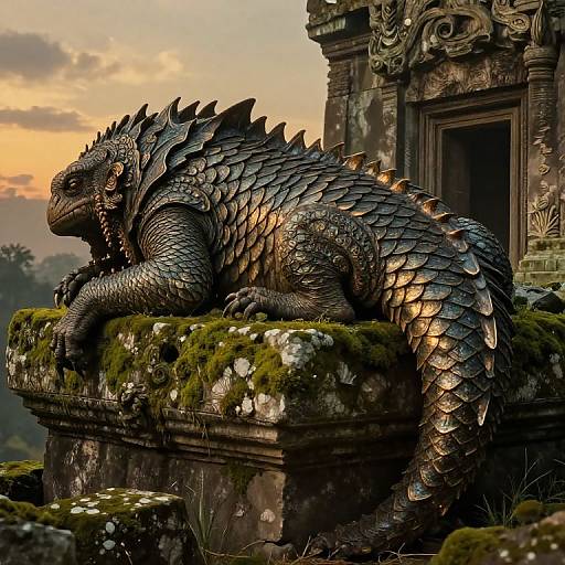 Photorealistic digital artwork of a massive, metallic-scaled dragon resting on a moss-covered stone pillar beside an ancient, ornate building at sunset.