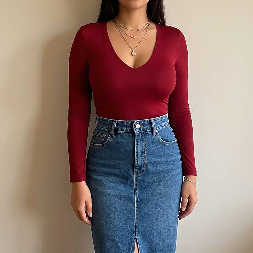 Photograph of a woman with long black hair, wearing a red long-sleeve V-neck top and high-waisted blue denim skirt, standing
