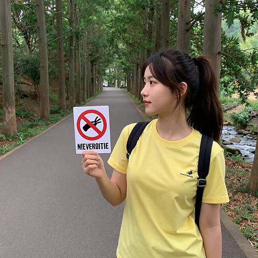 Young Woman on Forest Path with Signs