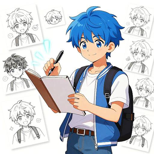 Digital anime-style drawing of a blue-haired boy with large blue eyes, wearing a white shirt, blue vest, and backpack, writing in a notebook with