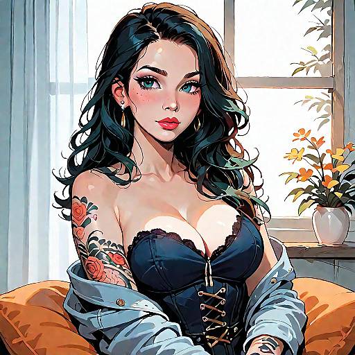 Tattooed Woman in Denim Corset