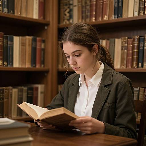Photograph of a young woman with long brown hair, wearing a black jacket and white shirt, reading a book in a wooden library with shelves of books