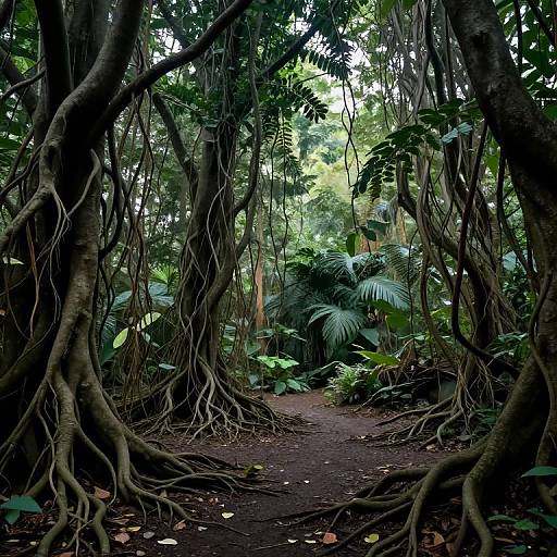 Photograph of a dense, tropical jungle path with twisted, exposed tree roots, vibrant green foliage, and dappled sunlight filtering through overhead leaves.