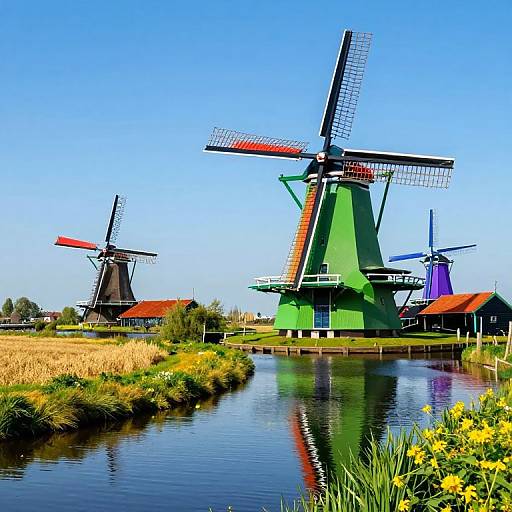 Colorful Windmills Over Tranquil Waterway