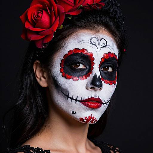 Photograph of a woman with white face paint, black and red floral designs, and red roses in her hair, against a black background.