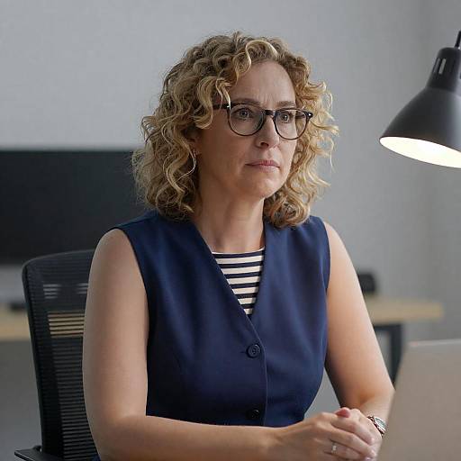 Curly Blonde Woman at Office Desk
