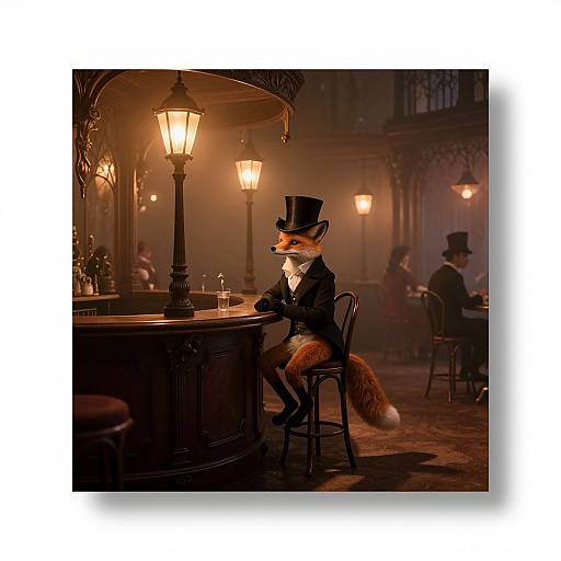 Anthropomorphic fox in top hat and black suit sips drink at dimly lit Victorian-style café; warm lamplight, blurred patrons in background