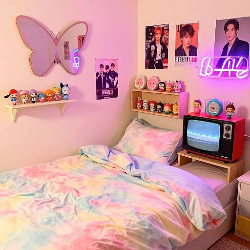 Colorful bedroom with pastel bedspread, butterfly wall decor, neon sign, TV on nightstand, posters, shelves with plush toys, and anime
