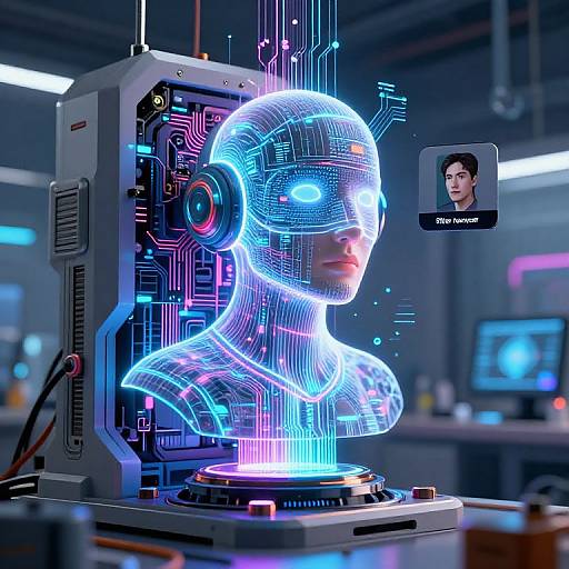 Digital CGI image of a glowing blue neon hologram of a woman's head in a futuristic lab, labeled 