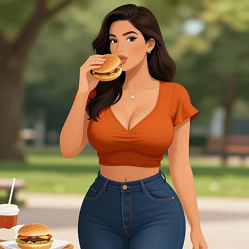 Digital artwork of a curvy woman with long black hair, wearing an orange crop top and blue jeans, eating a burger in a sunny park.