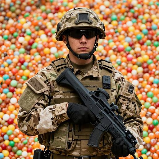 Camouflage Soldier Amid Colorful Candies