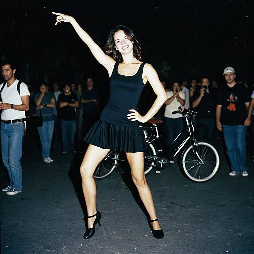 Photograph of a smiling woman in a black tank top and skirt, dancing at night, pointing with her right arm, surrounded by a group of casually