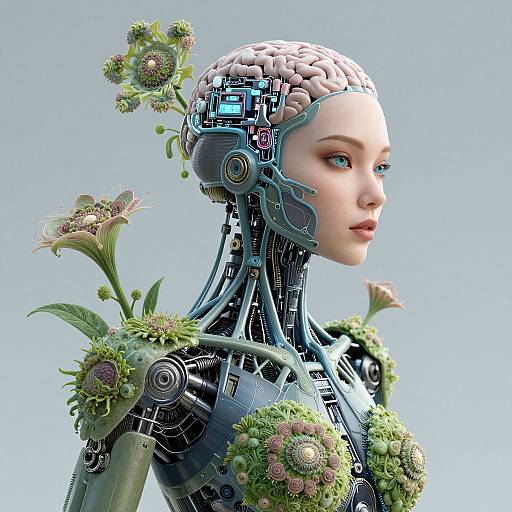 CGI image of a futuristic, robotic woman with green floral adornments, exposed circuitry, and a pink brain-like helmet, against a light blue