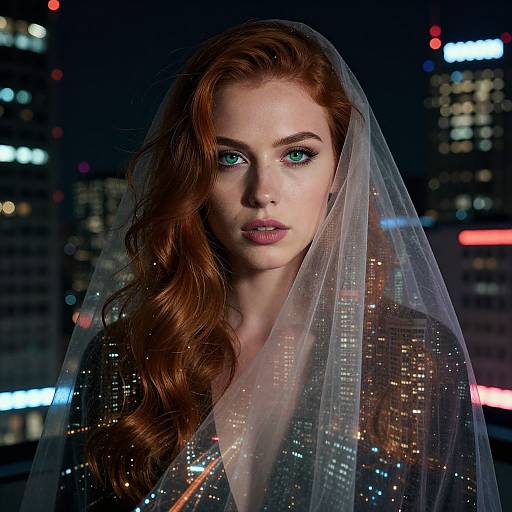 Photorealistic digital portrait of a red-haired woman with green eyes, wearing a sheer veil over a sparkly dress, against a nighttime cityscape with