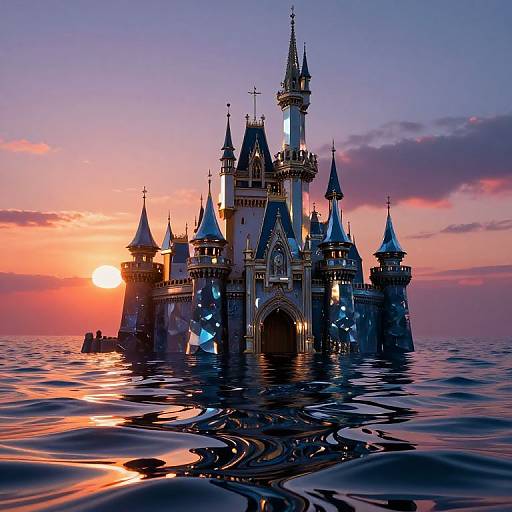 Photorealistic digital artwork of a fairy-tale castle with multiple spires, glowing windows, and intricate architecture, silhouetted against a vibrant