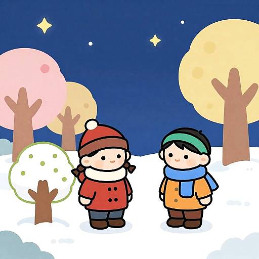 Winter Wonderland: Two Kids in Cartoon Style