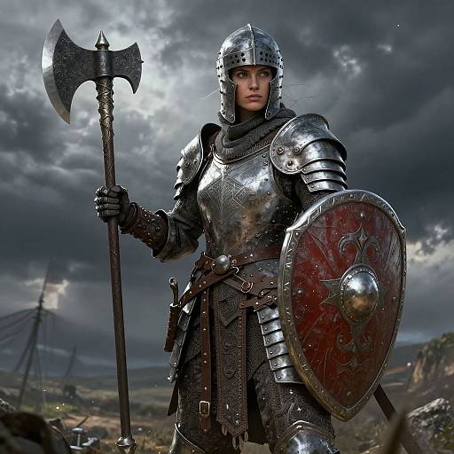 Photorealistic digital art of a fierce female Viking warrior in shiny silver armor, holding an axe and red shield, under dramatic cloudy skies.