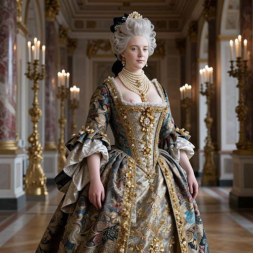 Digital painting of an 18th-century aristocratic woman in an ornate, gold-embroidered gown, pearl necklace, and white powdered wig