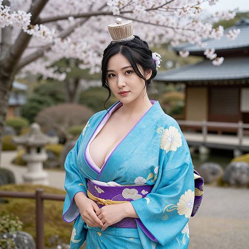 Photograph of an attractive Japanese woman with fair skin, black hair in an updo, wearing a blue kimono with white floral patterns, purple ob