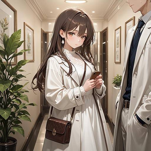 Elegant Girl in White Dress Indoors