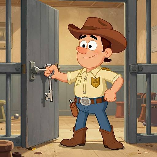 Cartoon cowboy with brown hat, yellow shirt, blue jeans, and brown boots, unlocking a wooden door with a key. Background: rustic room with