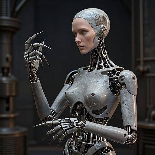CGI image of a sleek, silver humanoid robot with a feminine physique, raised hand with sharp fingers, in a dark, industrial setting.