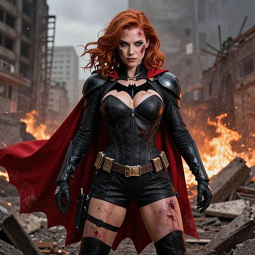 Digital art of a fierce, red-haired, armored batwoman with a red cape, standing in a ruined cityscape amid flames, blood on her thighs