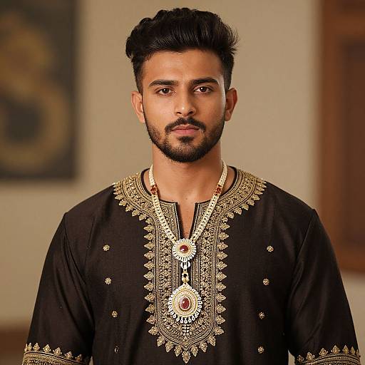 Photograph of a handsome South Asian man with dark hair and beard, wearing an ornate black traditional kurtah with gold embroidery, standing indoors,