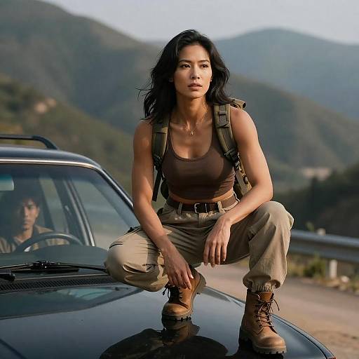 Muscular Woman Crouched on Car Hood