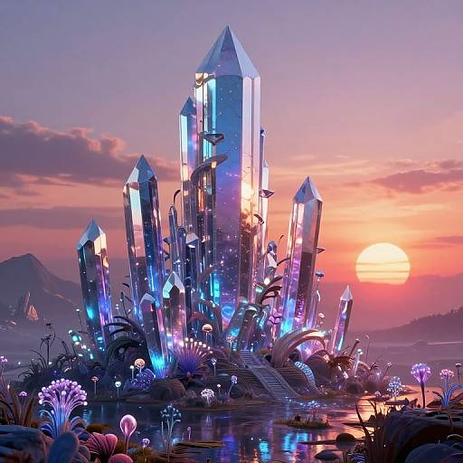 Digital fantasy artwork of a glowing, crystal spire surrounded by bioluminescent plants and mushrooms, set against a vibrant sunset and mountains.