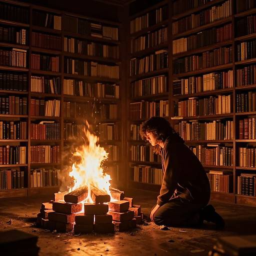 Photograph of a person kneeling by a roaring fire in a dimly lit library, surrounded by tall bookshelves filled with books.