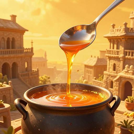 Photograph of golden honey dripping from a spoon into a black pot in a sunlit, medieval-style courtyard with stone buildings.