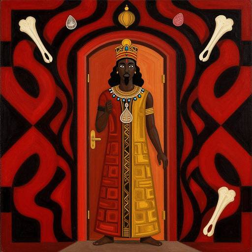 Digital artwork of an African king with dark skin, wearing a golden crown, red and yellow robe, and necklace, standing in a red and black pattern