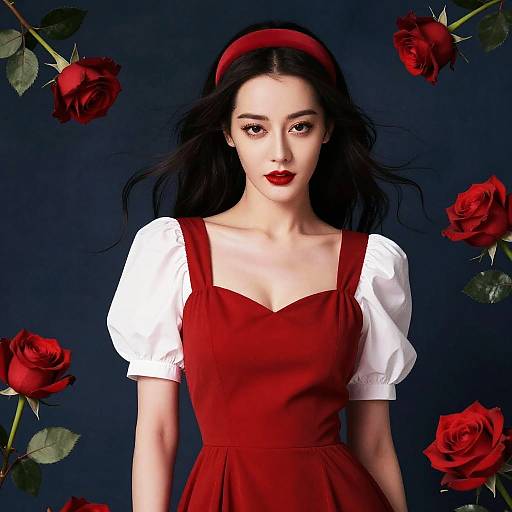 Elegant Asian Woman Amid Red Roses