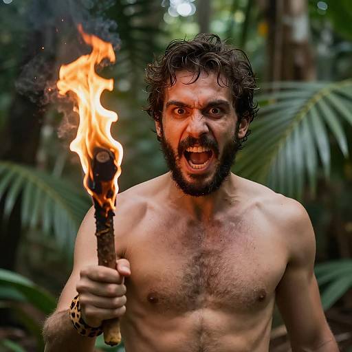 Shirtless Man Holding Burning Stick in Jungle