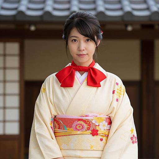 Photograph of a young Japanese woman in a traditional white kimono with red bow and floral obi, standing in front of a wooden shoji door