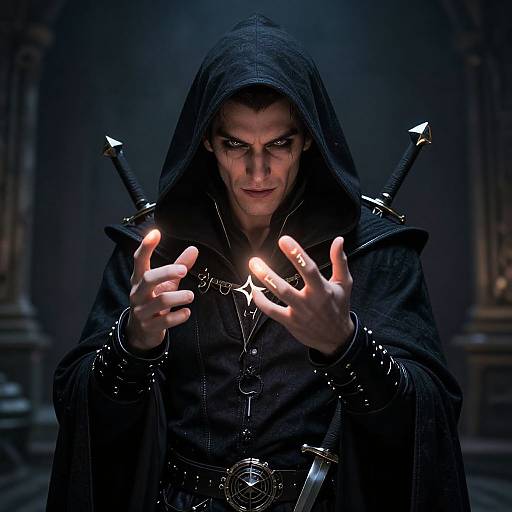 Photograph of a dark-robed, hooded man with intense eyes, glowing fingers, and crossed swords, set against a dimly lit, go