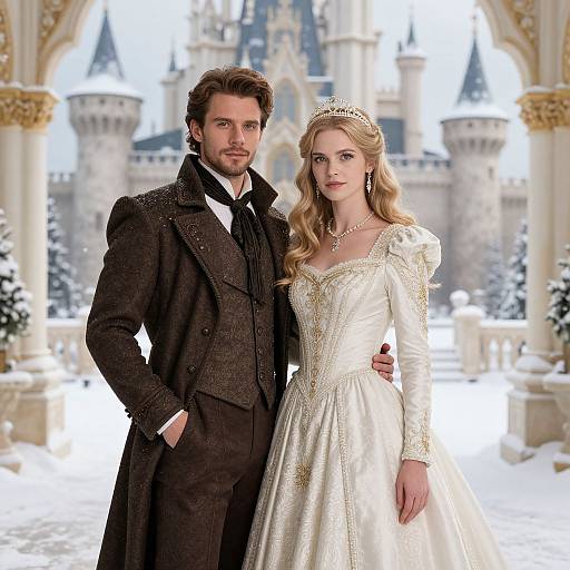 Photograph of a handsome, dark-haired man in a black suit, standing beside a beautiful blonde woman in an elegant white wedding dress, in front of