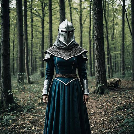 Photograph of a medieval knight in silver helmet, armored dress, and blue skirt standing in a dense, forested woodland.