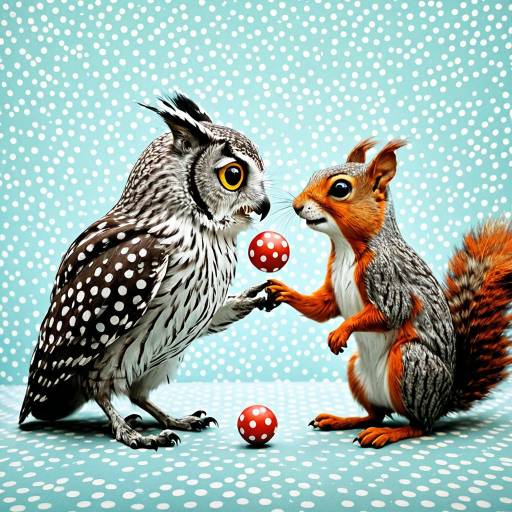 Whimsical Owl and Squirrel in Polka-Dot Scene