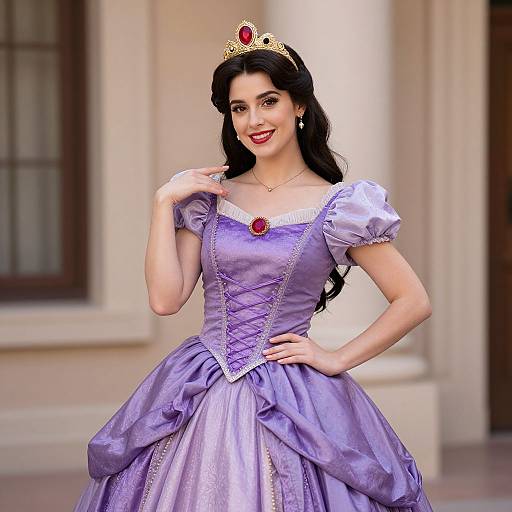 Photorealistic digital image of a smiling woman with long black hair, wearing a lavender princess dress, gold tiara, and red gem necklace, standing